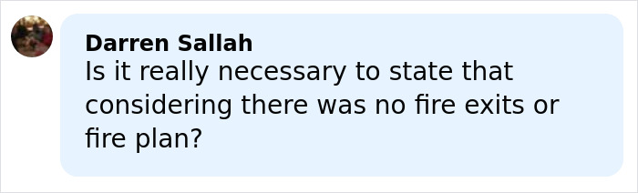 Comment by Darren Sallah questioning the necessity of stating the lack of fire exits or fire plan at Swiss ski resort. Comment by Darren Sallah questioning the necessity of stating the lack of fire exits or fire plan at Swiss ski resort.