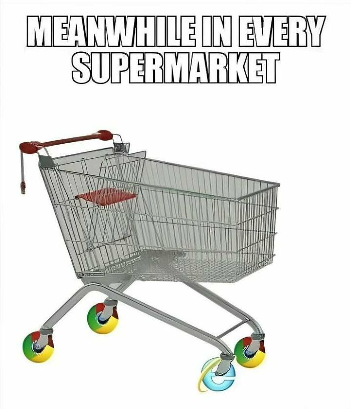 Shopping cart with browser logo wheels and the caption meanwhile in every supermarket, humor in Eastern European experience memes