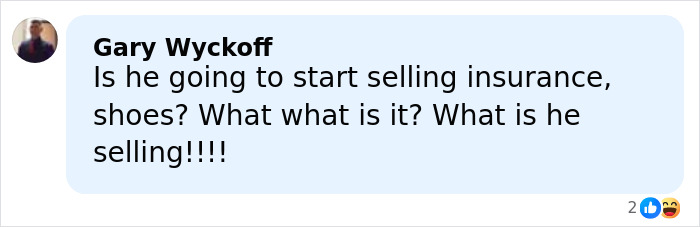 Screenshot of a Facebook comment by Gary Wyckoff questioning what Guy Fieri is selling, with reaction icons visible. Screenshot of a Facebook comment by Gary Wyckoff questioning what Guy Fieri is selling, with reaction icons visible.
