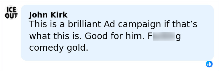 Comment by John Kirk praising the ad campaign as brilliant and comedy gold in an online discussion. Comment by John Kirk praising the ad campaign as brilliant and comedy gold in an online discussion.