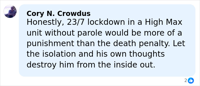 Screenshot of a social media comment discussing a high max lockdown punishment, relevant to five-year-old&rsquo;s chilling last words disappearance.