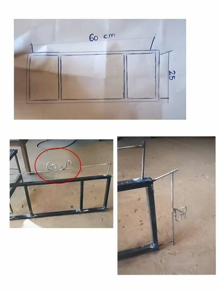 DIY metal frame construction with welded parts and measurements, showing a humorous take on the Eastern European experience.