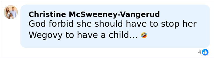 Comment about Meghan Trainor’s secret surrogate baby with a laughing emoji reacting to Wegovy mention. Comment about Meghan Trainor’s secret surrogate baby with a laughing emoji reacting to Wegovy mention.