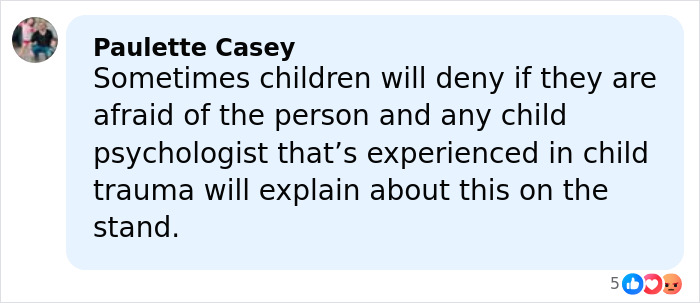 Comment discussing child denial in trauma cases, related to Timothy Busfield&rsquo;s case and accusers denying claims of crimes.