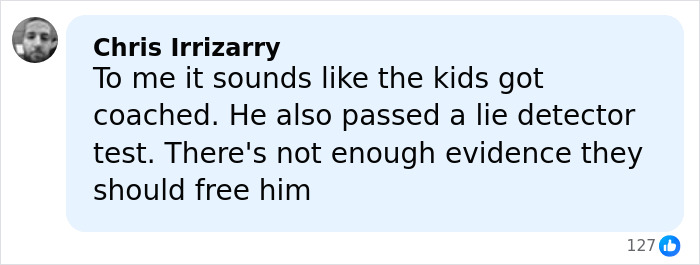 Comment from Chris Irrizarry doubting accusations in Timothy Busfield&rsquo;s case and mentioning a passed lie detector test.