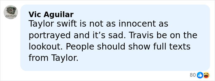 Comment from Vic Aguilar claiming Taylor Swift's leaked texts reveal a less innocent side, urging people to share full messages. Comment from Vic Aguilar claiming Taylor Swift's leaked texts reveal a less innocent side, urging people to share full messages.