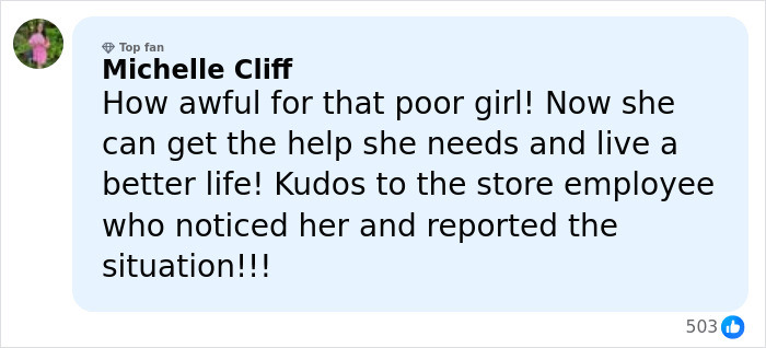 Comment from Michelle Cliff expressing sympathy for girl abandoned in mobile home and praise for store employee who helped.