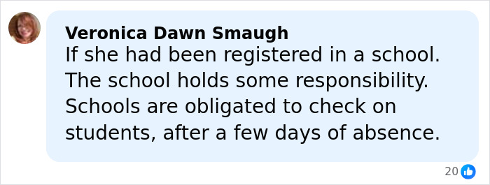 Comment by Veronica Dawn Smaugh discussing school responsibility to check on students after absences in mobile home abandonment case.