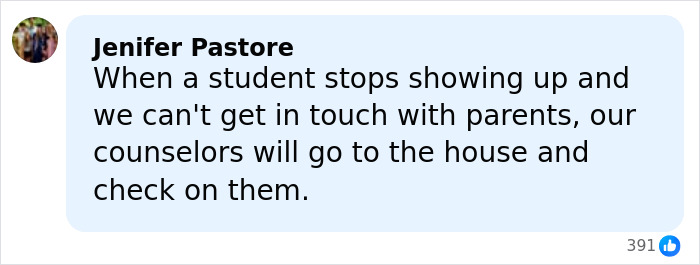 Facebook comment from Jenifer Pastore explaining counselors visit homes when students stop showing up and parents can&rsquo;t be reached.