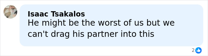 Comment by Isaac Tsakalos expressing opinion about an ICE agent&rsquo;s partner amid controversy in a social media post.