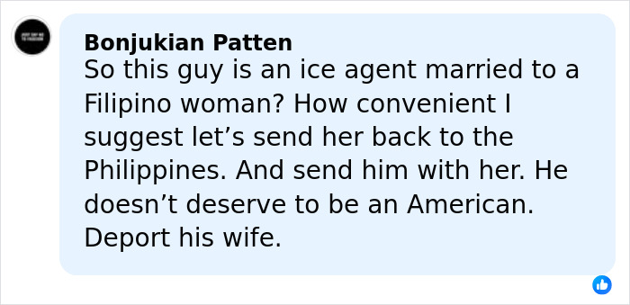 Comment on social media discussing ICE agent’s immigrant wife and related controversy, highlighting public reaction. Comment on social media discussing ICE agent’s immigrant wife and related controversy, highlighting public reaction.