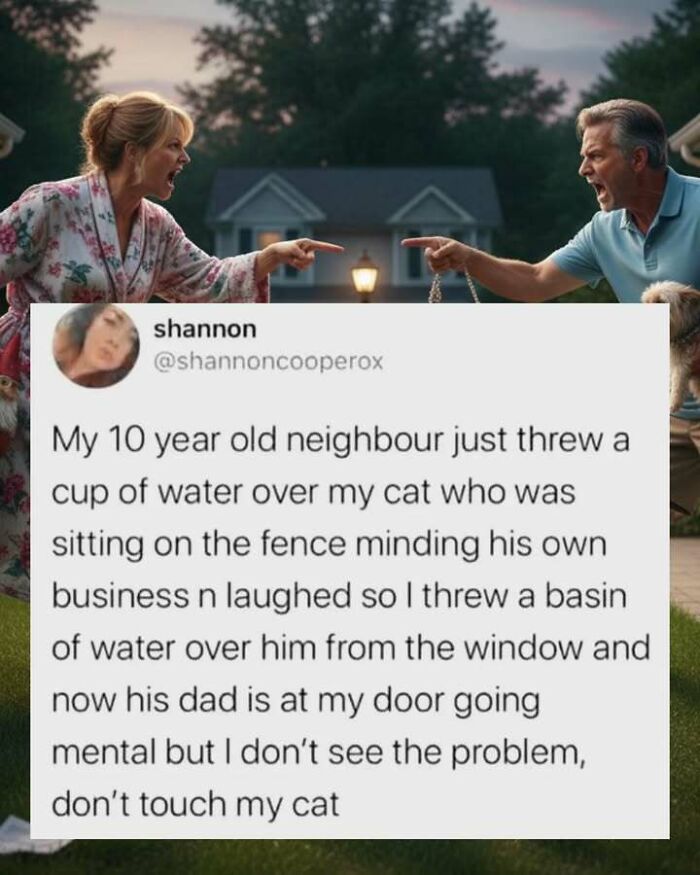 Couple arguing angrily outside a house with a funny screenshot about a neighbor pouring water on a cat.
