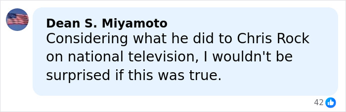 Comment from Dean S. Miyamoto reacting to Will Smith accused of harassing and deliberately grooming fellow musician in lawsuit.