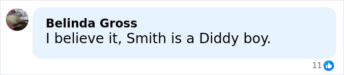 Comment from Belinda Gross stating belief in allegations against Will Smith, referencing accusations of harassment and grooming.