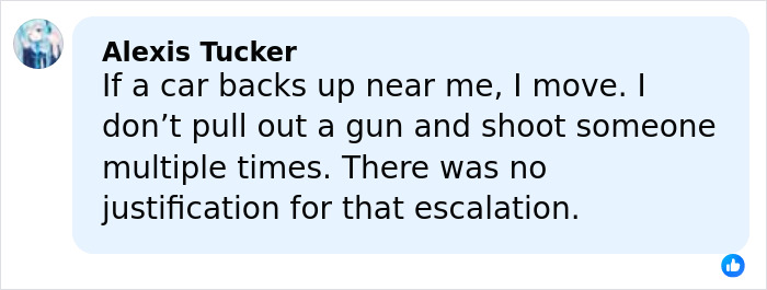 Comment by Alexis Tucker expressing concern over escalation in a shooting, mentioning no justification for the act. Comment by Alexis Tucker expressing concern over escalation in a shooting, mentioning no justification for the act.