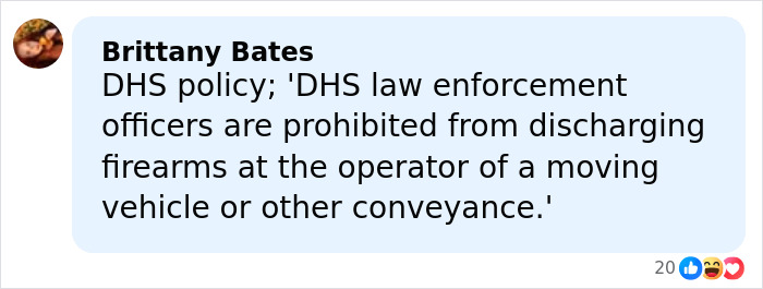 Comment by Brittany Bates discussing DHS policy on law enforcement use of firearms during vehicle operations. Comment by Brittany Bates discussing DHS policy on law enforcement use of firearms during vehicle operations.