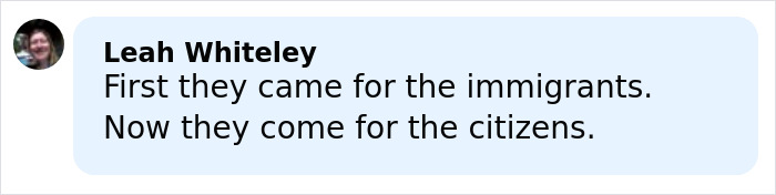 Chat message from Leah Whiteley about immigrants and citizens, related to mom of a 6-year-old slain by ICE in Minneapolis. Chat message from Leah Whiteley about immigrants and citizens, related to mom of a 6-year-old slain by ICE in Minneapolis.