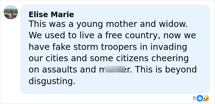 Comment by Elise Marie expressing outrage over the slaying of a mom of a 6-year-old by ICE in Minneapolis. Comment by Elise Marie expressing outrage over the slaying of a mom of a 6-year-old by ICE in Minneapolis.