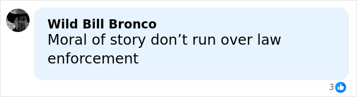 Comment by Wild Bill Bronco stating moral of story about not running over law enforcement on social media post. Comment by Wild Bill Bronco stating moral of story about not running over law enforcement on social media post.