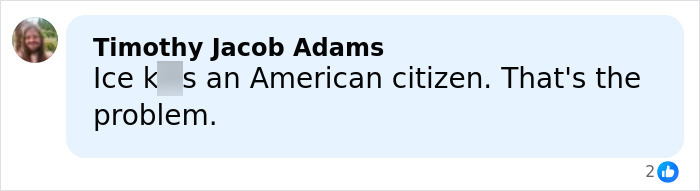 Comment from Timothy Jacob Adams stating ICE kills an American citizen, discussing the woman slain by ICE in Minneapolis. Comment from Timothy Jacob Adams stating ICE kills an American citizen, discussing the woman slain by ICE in Minneapolis.