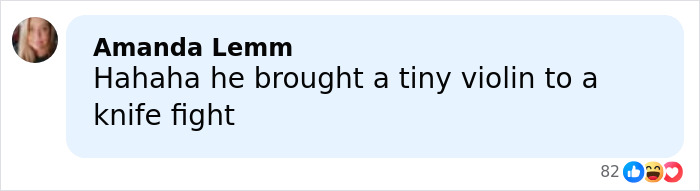 Screenshot of a text message from Amanda Lemm joking about bringing a tiny violin to a knife fight.