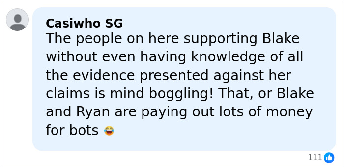 Screenshot of a social media comment discussing support for Blake Lively amid leaked texts involving Taylor Swift and Justin Baldoni.