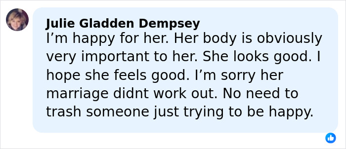Commenter Julie Gladden Dempsey supports Amy Schumer amid backlash over bikini photos and recent divorce filing. Commenter Julie Gladden Dempsey supports Amy Schumer amid backlash over bikini photos and recent divorce filing.