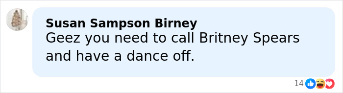 Comment from Susan Sampson Birney joking about calling Britney Spears for a dance off amid Amy Schumer bikini photo backlash. Comment from Susan Sampson Birney joking about calling Britney Spears for a dance off amid Amy Schumer bikini photo backlash.