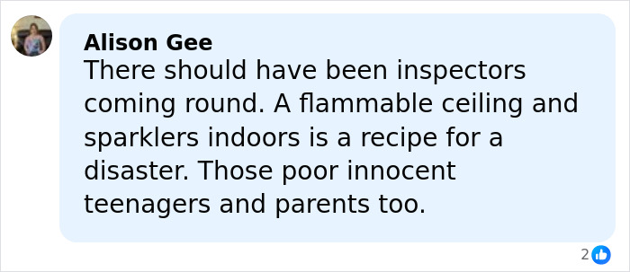 Comment by Alison Gee discussing fire safety concerns after waitress who escaped Swiss bar fire shares chilling claims.