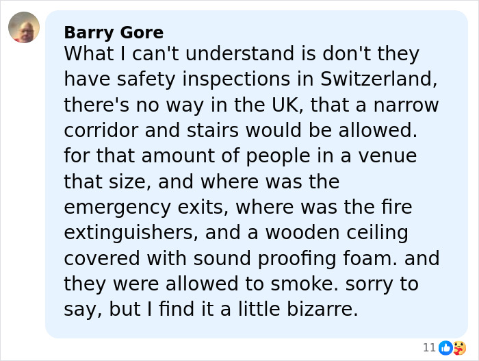 Comment discussing safety inspections and emergency exits related to the Swiss bar fire escape claims.