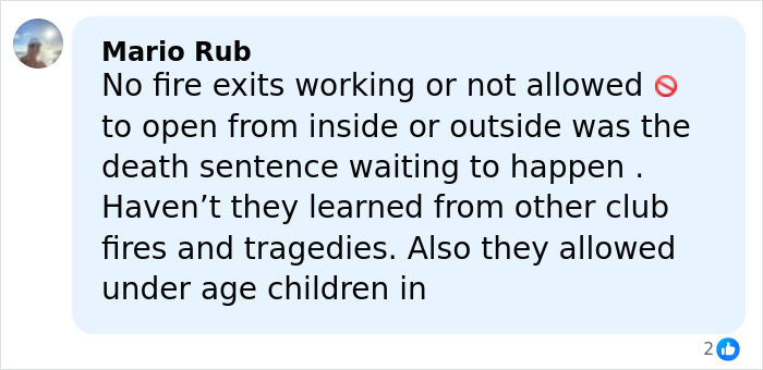 Screenshot of a social media comment discussing fire exits and safety issues related to Swiss bar fire escape.