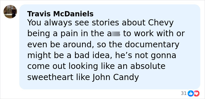 Screenshot of a Facebook comment discussing Chevy Chase's N-Word scandal and the impact of a new documentary.
