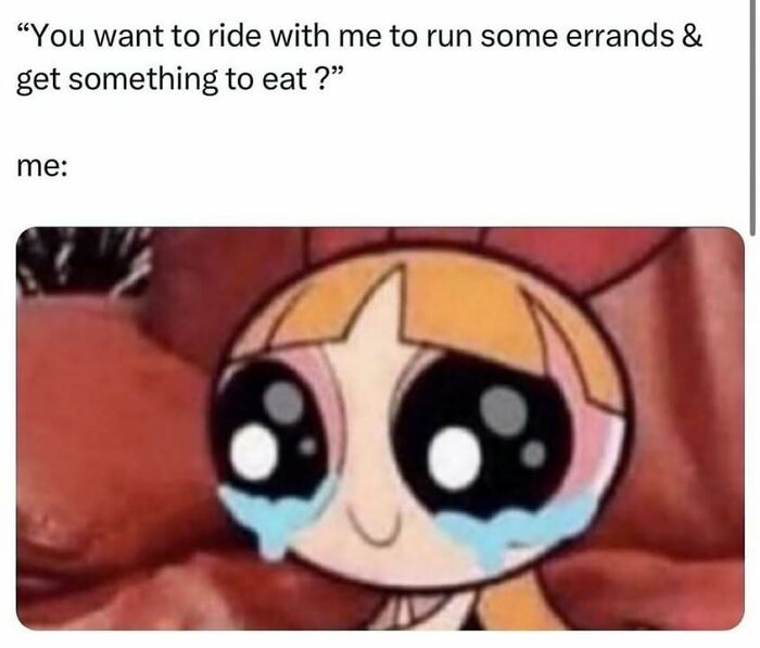 Cartoon character with big teary eyes smiling, expressing appreciation in loving memes to send to your girlfriend.