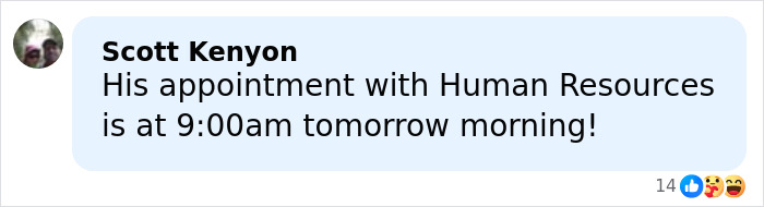 Gay couple social media screenshot: comment bubble from Scott Kenyon about a Human Resources appointment, reaction emojis Gay couple social media screenshot: comment bubble from Scott Kenyon about a Human Resources appointment, reaction emojis