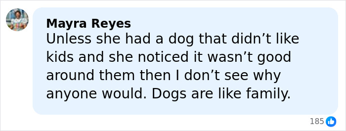 Comment from Mayra Reyes discussing reasons behind rehoming pets and the importance of dogs as family, sparking pet rehoming debate.