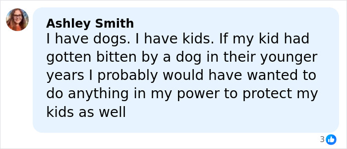 Comment from Ashley Smith explaining concerns about dogs and kids related to Jennifer Lawrence pet rehoming controversy.