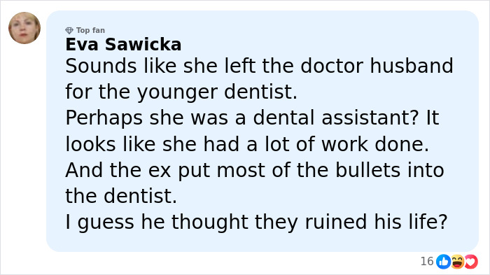 Comment suggesting a motive in twisted homicide of Ohio dentist and wife, mentioning dental assistant and bullets. Comment suggesting a motive in twisted homicide of Ohio dentist and wife, mentioning dental assistant and bullets.