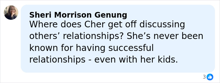 Facebook comment criticizing Cher's rude comment about Kristen Bell and Dax Shepard's marriage, small profile photo