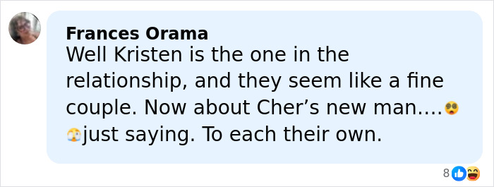 Social media comment screenshot referencing Cher Kristen Bell Dax Shepard marriage, Frances Orama praising Kristen, emojis