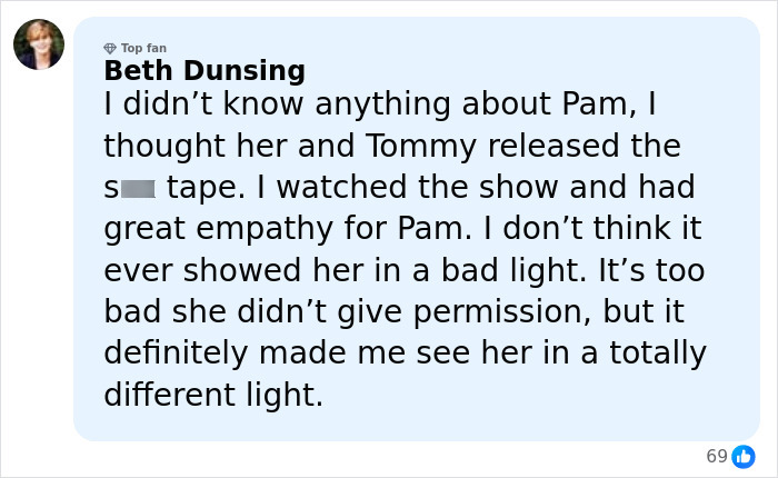 Screenshot of a social media comment discussing Pamela Anderson&rsquo;s experience and apology request from Seth Rogen.