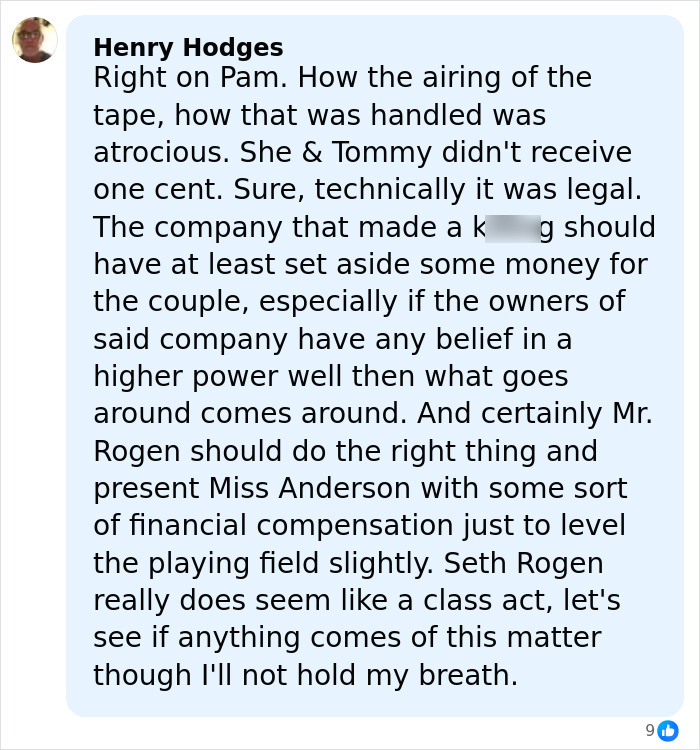 User comment about Pamela Anderson wanting an apology from Seth Rogen after a negative Golden Globes experience shared on social media.