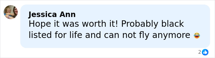 Comment from Jessica Ann about adult stars arrested and kicked off flight after refusing to leave first-class seats, mentioning possible lifetime blacklist.