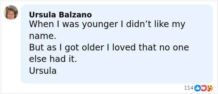 Facebook comment from Ursula Balzano reflecting on how her feelings about her name changed as she got older, relating to Nicole Richie's daughter new name.