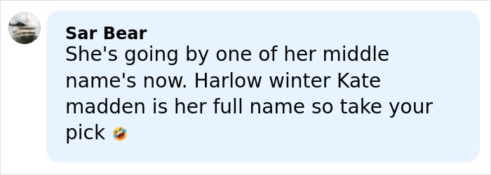 Comment discussing Nicole Richie's 18-year-old daughter now going by a new name including Harlow Winter Kate Madden.