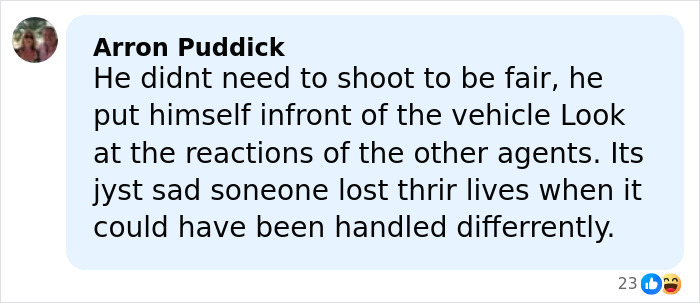 Comment by Arron Puddick discussing the shooting involving an ICE agent and reactions of other agents online. Comment by Arron Puddick discussing the shooting involving an ICE agent and reactions of other agents online.