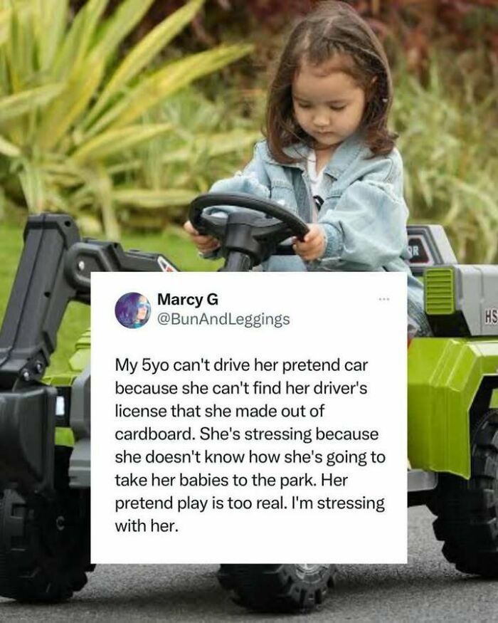 Toddler girl sitting in a toy car, accompanied by a funny screenshot about a child's pretend driver’s license.
