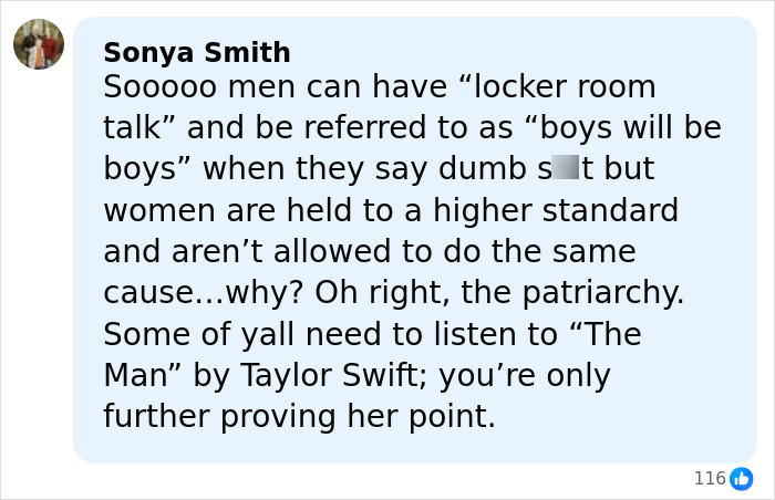 Screenshot of a social media comment mentioning Taylor Swift&rsquo;s leaked texts and critiquing double standards in gender behavior.