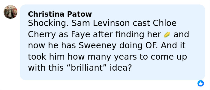 Comment about Sydney Sweeney playing an adult star, questioning her role beyond taking off clothes.