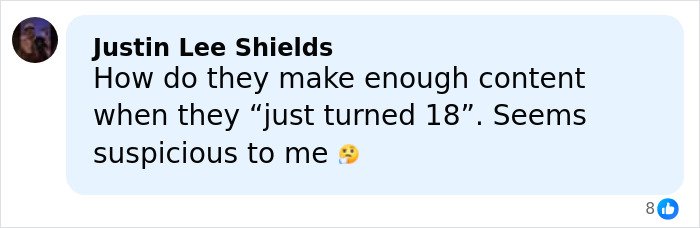 Comment by Justin Lee Shields questioning content creation timing for teen influencer’s app debut raising concerns online. Comment by Justin Lee Shields questioning content creation timing for teen influencer’s app debut raising concerns online.