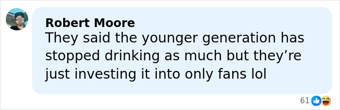 Comment by Robert Moore discussing younger generation's spending habits and investment in OnlyFans on a social media post. Comment by Robert Moore discussing younger generation's spending habits and investment in OnlyFans on a social media post.